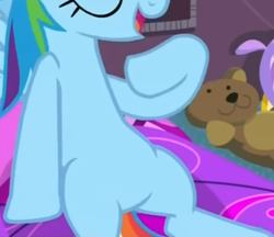 Size: 434x375 | Tagged: safe, screencap, rainbow dash, pegasus, pony, g4, sleepless in ponyville, belly, cropped, open mouth, pictures of bellies, sitting, solo