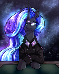 Size: 1024x1295 | Tagged: safe, artist:not-ordinary-pony, derpibooru exclusive, starlight glimmer, pony, unicorn, g4, blue eyes, clothes, desk, digital art, ethereal mane, eyelashes, female, flowing mane, galaxy mane, gem, glowing, glowing eyes, glowing mane, hooves on the table, horn, looking at you, mare, nightmare starlight, nightmarified, sky, solo, sparkles, starry mane, stars, table, uniform