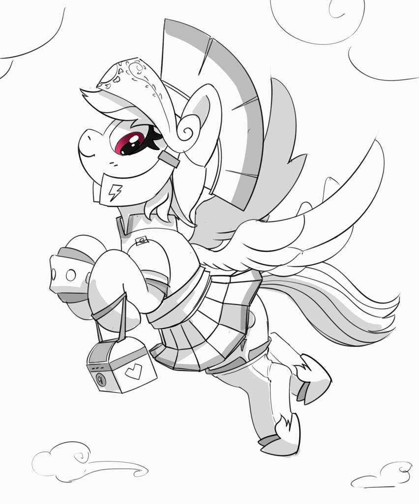 [armor,clothes,cute,female,flying,grayscale,helmet,looking at you,lunchbox,mare,monochrome,pegasus,pony,rainbow dash,safe,simple background,skirt,solo,white background,legionary,dashabetes,partial color,smiling,smiling at you,artist:pabbley]