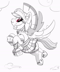 Size: 1915x2302 | Tagged: safe, artist:pabbley, rainbow dash, pegasus, pony, g4, armor, clothes, cute, dashabetes, female, flying, grayscale, helmet, legionary, looking at you, lunchbox, mare, monochrome, partial color, simple background, skirt, smiling, smiling at you, solo, white background