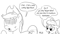 Size: 1200x675 | Tagged: safe, artist:pony-berserker, apple bloom, applejack, earth pony, pony, pony-berserker's twitter sketches, pony-berserker's twitter sketches (2023), g4, country music, dialogue, duo, female, filly, foal, grayscale, hidden eyes, mare, monochrome, simple background, speech bubble, white background