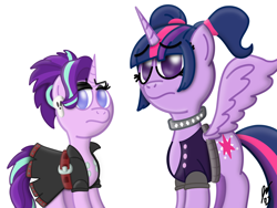 Size: 2160x1620 | Tagged: safe, artist:jesslmc16, starlight glimmer, twilight sparkle, alicorn, pony, unicorn, g4, belt, buckle, choker, clothes, digital art, ear piercing, earring, emo, jacket, jewelry, makeup, mascara, piercing, pigtails, procreate app, signature, simple background, skirt, skull, twilight sparkle (alicorn), white background