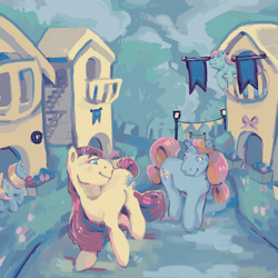 Size: 1280x1280 | Tagged: safe, artist:poniesart, daffodil (g1), dewdrop dazzle, merriweather, spring (g2), earth pony, pony, unicorn, g1, g2, g3, g4, duo focus, female, houses, mare, outdoors, tail, walking