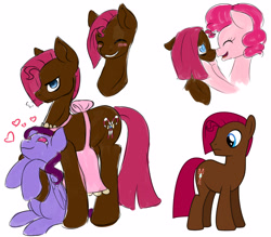 Size: 4000x3500 | Tagged: safe, artist:grace-likes-cake, pinkie pie, oc, oc:gumdrop, unnamed oc, earth pony, pony, g4, apron, blushing, boop, clothes, colt, female, foal, grin, heart, male, mare, mother and child, mother and son, no pupils, nose wrinkle, noseboop, offspring, open mouth, open smile, parent:cheese sandwich, parent:pinkie pie, parents:cheesepie, simple background, smiling, stallion, trio, white background