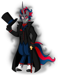 Size: 1560x2008 | Tagged: safe, artist:unoriginai, oc, oc only, unicorn, anthro, anthro oc, aura, cane, clothes, crossover, crossover ship offspring, evil smile, grin, hat, mismatched eyes, offspring, parent:black hat (villainous), parent:princess celestia, simple background, smiling, solo, top hat, transparent background