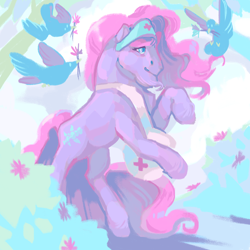 Size: 1280x1280 | Tagged: safe, artist:poniesart, medicin, bird, earth pony, pony, g2, bag, beard, facial hair, flower, medical saddlebag, rearing, solo