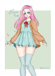 Size: 1280x1773 | Tagged: safe, artist:elevenrune, fluttershy, human, g4, alternate hairstyle, cardigan, clothes, deviantart watermark, dress, female, humanized, obtrusive watermark, socks, solo, stockings, thigh highs, thigh socks, watermark