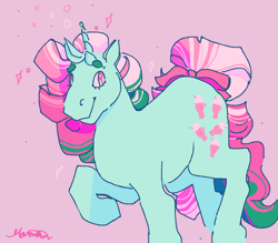 Size: 1280x1121 | Tagged: safe, artist:poniesart, fizzy, pony, unicorn, g1, alternate color palette, pink background, simple background, solo