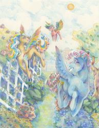 Size: 1280x1656 | Tagged: safe, artist:poniesart, ringlet, pegasus, pony, g1, flying, garden, rainbow curl pony, sky, sun, traditional art, trio, unknown pony