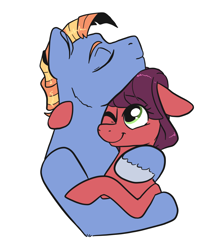 Size: 1512x1700 | Tagged: safe, artist:smirk, oc, oc only, oc:grenadine, oc:stone slag, pony, cute, duo, eyes closed, female, floppy ears, hug, husband and wife, male, mare, married couple, one eye closed, simple background, smiling, stallion, straight, transparent background