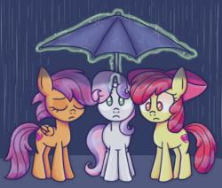 Size: 1000x849 | Tagged: safe, artist:felicitea, apple bloom, scootaloo, sweetie belle, earth pony, pegasus, pony, unicorn, g4, apple bloom's bow, bow, cutie mark crusaders, eyes closed, female, filly, foal, folded wings, frown, glowing, glowing horn, hair bow, horn, levitation, magic, magic aura, rain, sad, telekinesis, the cmc's cutie marks, trio, trio female, umbrella, wings