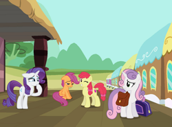 Size: 1168x862 | Tagged: safe, artist:aleximusprime, artist:selenaede, artist:sirhcx, artist:swiftgaiathebrony, apple bloom, rarity, scootaloo, sweetie belle, pegasus, g4, cutie mark crusaders, luggage, next generation, older, older apple bloom, older scootaloo, older sweetie belle, sad, train, train station