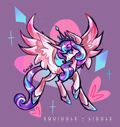 Size: 960x1015 | Tagged: safe, artist:squiggleliggle, princess flurry heart, alicorn, pony, g4, adult flurry heart, colored, colored wings, concave belly, crown, eye clipping through hair, eyelashes, female, gradient wings, heart, heart background, hoof shoes, jewelry, mare, older, older flurry heart, princess shoes, raised hoof, regalia, signature, slender, solo, spread wings, thin, turned head, wings