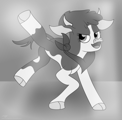Size: 3450x3396 | Tagged: safe, artist:php178, derpibooru exclusive, arizona (tfh), cow, them's fightin' herds, .svg available, >:d, bandana, bipedal, black and white, clothes, cloven hooves, commission, community related, determination, determined, determined face, determined look, determined smile, fanart, female, floor, game, glowing, glowing eyes, gradient background, gray, gray background, grayscale, high res, highlights, horns, inkscape, kicking, lights, looking at you, monochrome, nc-tv signature, open mouth, prancing, scarf, shadow, show accurate, signature, smiling, smiling at you, solo, standing on two hooves, svg, tfh moods, vector, website