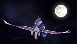 Size: 4194x2420 | Tagged: safe, artist:stellardoodles, princess flurry heart, alicorn, pony, g4, colored wings, curved horn, female, floppy ears, flying, full moon, gradient wings, high res, horn, large wings, looking at something, looking up, mare, moon, night, older, older flurry heart, solo, spread wings, turned head, wings