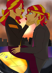 Size: 2480x3508 | Tagged: safe, artist:sh4deshad0w41, sunset shimmer, human, equestria girls, g4, binary shimmer, city, clothes, duo, equestria guys, female, hand on chin, hand on face, hand on hip, high res, jacket, looking at each other, looking at someone, male, motorcycle, rule 63, self paradox, self ponidox, selfcest, shipping, straight, sunglare, sunset glare