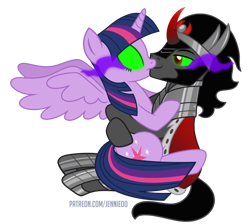 Size: 1000x895 | Tagged: safe, artist:jennieoo, king sombra, twilight sparkle, alicorn, pony, unicorn, g4, female, hug, hugging a pony, kiss on the lips, kissing, male, mind control, show accurate, simple background, sitting on lap, sombra eyes, straight, transparent background, twilight sparkle (alicorn), vector