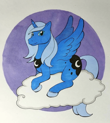 Size: 1148x1280 | Tagged: safe, artist:darkhestur, princess luna, alicorn, pony, g4, cloud, g1 style, marker drawing, on a cloud, simple background, sitting, sitting on a cloud, solo, traditional art