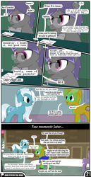 Size: 1519x2942 | Tagged: safe, artist:mrkm, oc, oc only, oc:black writ, oc:electric silver light, oc:hard sprocket, pegasus, pony, unicorn, comic:synthesis, dialogue, facial hair, female, glasses, goatee, horn, looking at each other, looking at someone, male, mare, open mouth, paper, pegasus oc, pencil, snow, speech bubble, stairs, stallion, unicorn oc, unshorn fetlocks, wing hold, wings
