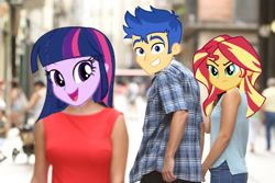 Size: 2500x1667 | Tagged: safe, flash sentry, sunset shimmer, twilight sparkle, human, equestria girls, g4, angry, distracted boyfriend meme, female, girlfriend, male, meme, smiling, sunset shimmer is not amused, unamused