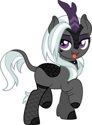 Size: 2950x4000 | Tagged: safe, artist:limedazzle, oc, oc only, oc:jinx von steinmare, kirin, choker, cloven hooves, colored eartips, eyeshadow, fishnet pantyhose, goth, leg fluff, leonine tail, lidded eyes, looking at you, makeup, minimalist, purple eyes, simple background, solo, tail, tongue out, transparent background