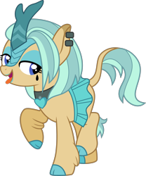 Size: 3071x3696 | Tagged: safe, artist:limedazzle, oc, oc only, oc:misty von steinmare, kirin, blue eyes, choker, clothes, cloven hooves, collar, colored eartips, ear piercing, earring, eyeshadow, female, high res, jewelry, leg fluff, leonine tail, lidded eyes, lipstick, looking back, makeup, mare, piercing, simple background, skirt, solo, tail, tongue out, transparent background