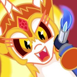 Size: 280x280 | Tagged: safe, artist:jargon scott, daybreaker, alicorn, pony, g4, blowtorch, fangs, female, furrowed brow, gas torch, hi anon, hoof hold, looking at you, mare, meme, open mouth, open smile, profile picture, smiling, smiling at you, solo