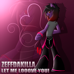 Size: 2500x2500 | Tagged: safe, artist:zeffdakilla, oc, oc only, oc:frankie fang, pony, semi-anthro, arm hooves, clothes, emo, glowstick, gradient background, high res, looking sideways, male, pants, raised hoof, raver, shirt, smiling, solo, song cover, standing