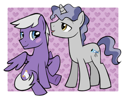 Size: 2650x2086 | Tagged: safe, artist:catachromatic, artist:starshinecelestalis, artist:the smiling pony, silver script, star bright, pegasus, pony, unicorn, g4, black outlines, blushing, duo, duo male, gay, heart, high res, horn, male, open mouth, partially open wings, shipping, sitting, smiling, stallion, standing, starscript, talking, tiled background, wings