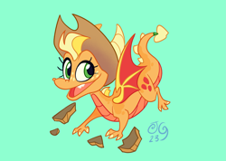 Size: 3579x2551 | Tagged: safe, artist:janegumball, applejack, dragon, g4, crossover, dragoness, dragonified, dragonjack, female, green background, high res, open mouth, open smile, simple background, smiling, solo, species swap, spread wings, spyro the dragon (series), the legend of spyro, wings