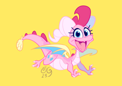 Size: 3579x2551 | Tagged: safe, artist:janegumball, pinkie pie, dragon, g4, dragoness, dragonified, female, high res, open mouth, open smile, pinkiedragon, running, simple background, smiling, solo, species swap, spread wings, spyro the dragon (series), the legend of spyro, wings, yellow background