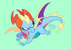 Size: 3579x2551 | Tagged: safe, artist:janegumball, rainbow dash, dragon, g4, crossover, dragoness, dragonified, female, green background, high res, horns, open mouth, open smile, rainbow dragon, simple background, smiling, smirk, solo, species swap, spread wings, spyro the dragon (series), the legend of spyro, wings