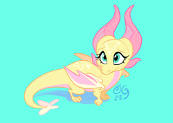 Size: 3579x2551 | Tagged: safe, artist:janegumball, fluttershy, dragon, g4, blue background, crossover, dragoness, dragonified, female, flutterdragon, folded wings, high res, horns, simple background, smiling, solo, species swap, spyro the dragon (series), the legend of spyro, wings