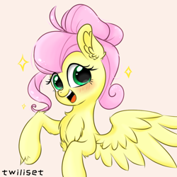 Size: 1080x1080 | Tagged: safe, artist:twiliset, fluttershy, pegasus, pony, g4, alternate hairstyle, beautiful, blushing, chest fluff, cute, ear fluff, female, half body, looking at you, mare, new hairstyle, open mouth, open smile, shyabetes, simple background, smiling, smiling at you, solo, spread wings, stars, white background, wings