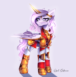 Size: 2800x2840 | Tagged: safe, artist:opal_radiance, oc, oc only, oc:iron glamour, pegasus, pony, armor, armored pony, eyebrows, female, folded wings, helmet, high res, horn, looking at you, mare, pegasus oc, shadow, signature, simple background, smiling, smiling at you, solar empire, solo, white background, wings