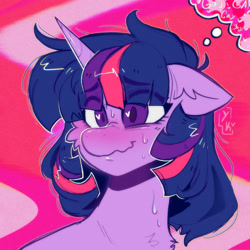 Size: 2048x2048 | Tagged: safe, artist:yumkandie, twilight sparkle, pony, unicorn, g4, blushing, cheek fluff, chest fluff, chromatic aberration, ear fluff, eyebrows, eyebrows visible through hair, female, floppy ears, frazzled hair, heart, heart eyes, high res, lesbian, scrunchy face, solo, sweat, thought bubble, unicorn twilight, wingding eyes