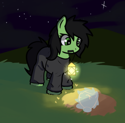 Size: 706x695 | Tagged: safe, artist:neuro, oc, oc only, oc:filly anon, earth pony, ghost, ghost pony, pony, duo, eyes closed, female, filly, foal, lantern, looking down, mare, mouth hold, night, smiling