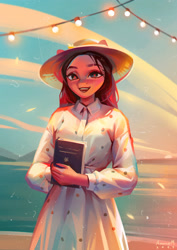 Size: 2480x3508 | Tagged: safe, artist:annna markarova, oc, oc only, anthro, book, clothes, cute, dress, female, garland, hat, high res, looking at you, ocean, open mouth, open smile, smiling, smiling at you, solo, string lights, sunset, water