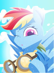 Size: 2300x3100 | Tagged: safe, artist:j5ajj, rainbow dash, pegasus, pony, g4, clothes, goggles, high res, looking at you, one eye closed, sweat, uniform, wink, wonderbolts uniform