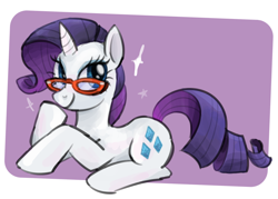 Size: 836x600 | Tagged: safe, artist:nonameorous, rarity, pony, unicorn, g4, glasses, glasses rarity, looking away, purple background, raised hoof, simple background, sitting, solo, sparkles, stars