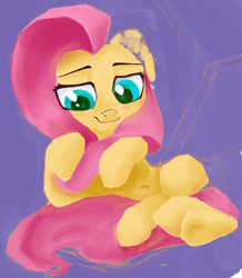 Size: 2272x2604 | Tagged: safe, artist:streamvolume, fluttershy, pegasus, pony, g4, belly button, crossed legs, female, high res, holding mane, looking down, lying down, mare, smiling, solo