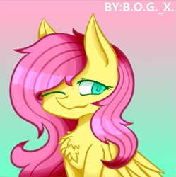 Size: 705x707 | Tagged: safe, artist:bogx, fluttershy, pegasus, pony, g4, chest fluff, gradient background, one eye closed, solo