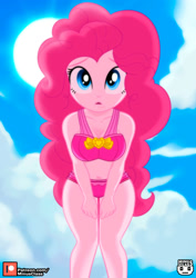 Size: 1414x2000 | Tagged: safe, alternate character, alternate version, artist:minusclass, part of a set, pinkie pie, human, equestria girls, g4, belly button, bikini, bikini bottom, bikini top, breast squeeze, breasts, busty pinkie pie, cleavage, clothes, cloud, concerned, female, legs, looking at you, midriff, outdoors, patreon, patreon logo, sky, solo, stupid sexy pinkie, swimsuit