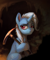 Size: 2526x3043 | Tagged: safe, artist:jewellier, trixie, pony, unicorn, g4, female, high res, mare, mine, miner, pickaxe, rock farm, sitting, solo, trixie is not amused, unamused