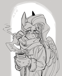 Size: 1930x2377 | Tagged: safe, artist:yuyusunshine, fluttershy, anthro, g4, clothes, coffee, monochrome, scarf, solo