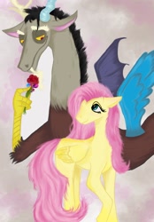 Size: 1423x2048 | Tagged: safe, artist:kordian, discord, fluttershy, g4, female, flower, male, rose, ship:discoshy, shipping, straight, traditional art