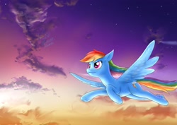 Size: 4093x2894 | Tagged: safe, artist:eltanin14d, rainbow dash, pegasus, pony, g4, cloud, female, flying, high res, mare, sky, solo, spread wings, stars, wings