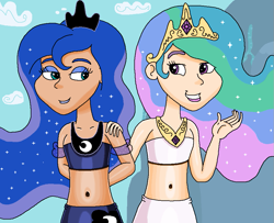 Size: 913x740 | Tagged: safe, artist:ocean lover, princess celestia, princess luna, human, g4, arm behind back, bare midriff, bare shoulders, beautiful, belly, belly button, blue eyeshadow, blue lipstick, clothes, cloud, crown, diamond, ethereal hair, eyelashes, eyeshadow, female, hand on shoulder, hourglass figure, human coloration, humanized, jewelry, light skin, lips, lipstick, looking at each other, looking at someone, makeup, midriff, moderate dark skin, mountain, mountain range, ms paint, multicolored hair, outdoors, peytral, pink eyes, regalia, royal sisters, sibling bonding, sibling love, siblings, sisters, sky, smiling, smiling at each other, species swap, starry hair, teal eyes, water, waterfall, wavy hair