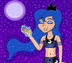 Size: 873x770 | Tagged: safe, artist:ocean lover, princess luna, human, g4, bare midriff, bare shoulders, beautiful, beautisexy, belly, belly button, blue eyeshadow, blue lipstick, clothes, crown, elegant, ethereal hair, eyelashes, eyes closed, eyeshadow, hourglass figure, human coloration, humanized, jewelry, lips, lipstick, magic, magic aura, makeup, midriff, moon, ms paint, night, night sky, outdoors, peytral, pretty, princess of the night, purple sky, raising the moon, regalia, sky, sleeveless, smiling, species swap, starry hair, starry night, stars, telekinesis, wavy hair