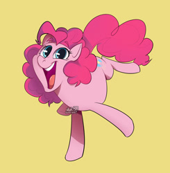 Size: 1796x1831 | Tagged: safe, artist:mrkiteart, pinkie pie, earth pony, pony, g4, cute, diapinkes, eyebrows, happy, open mouth, open smile, ponk, raised eyebrow, raised eyebrows, simple background, smiling, solo, standing, standing on one leg, watermark, yellow background